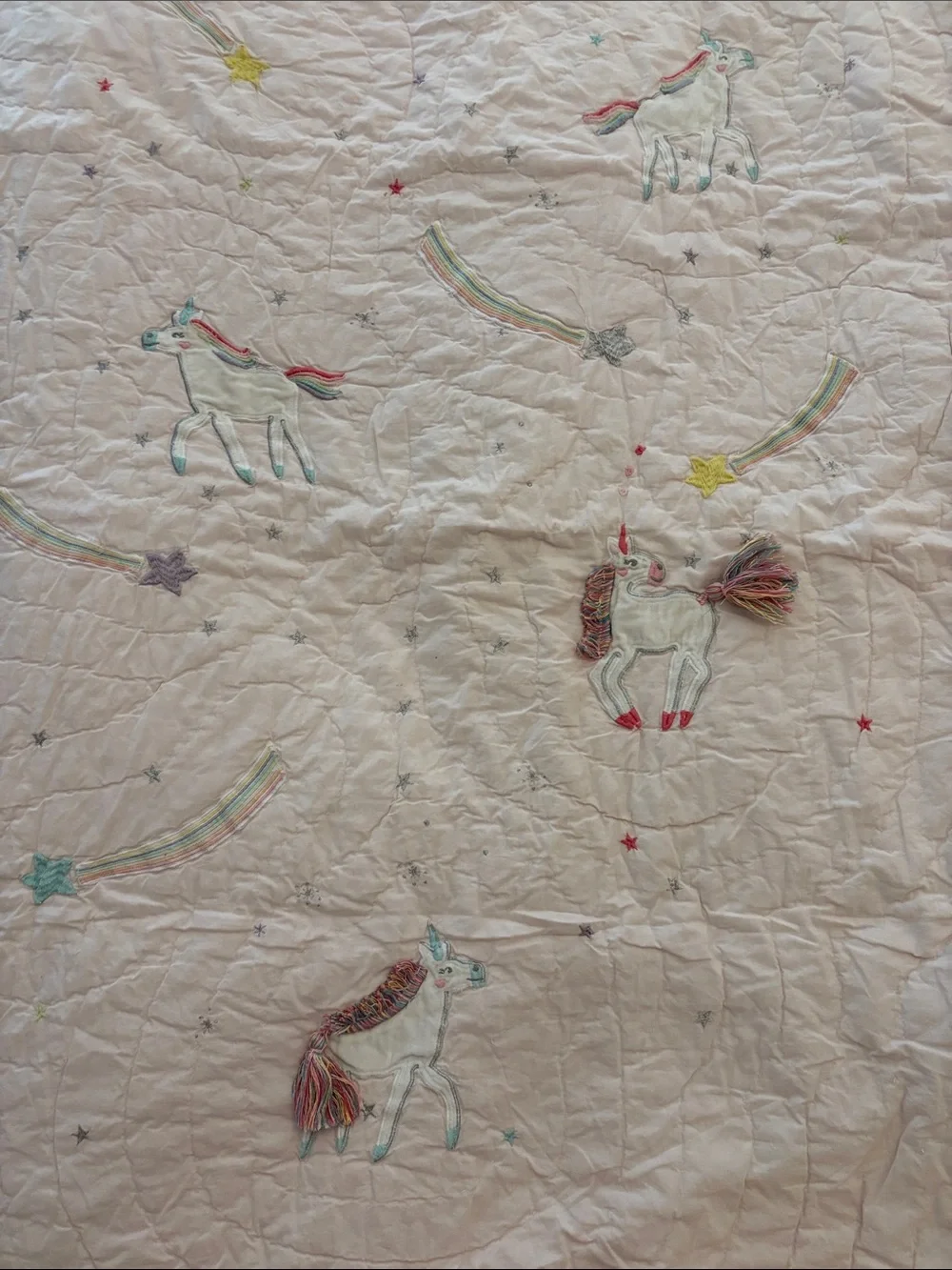 Pottery barn kids  Pink Unicorn Embroidered Quilt - Pastel Rainbow Bedding